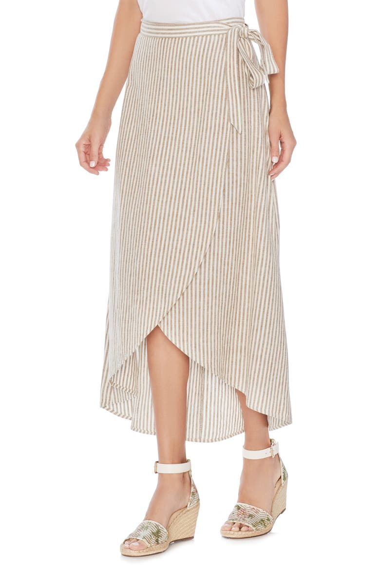 Natural Linen Stripe Wrap Midi Skirt, Main, color, NATURAL