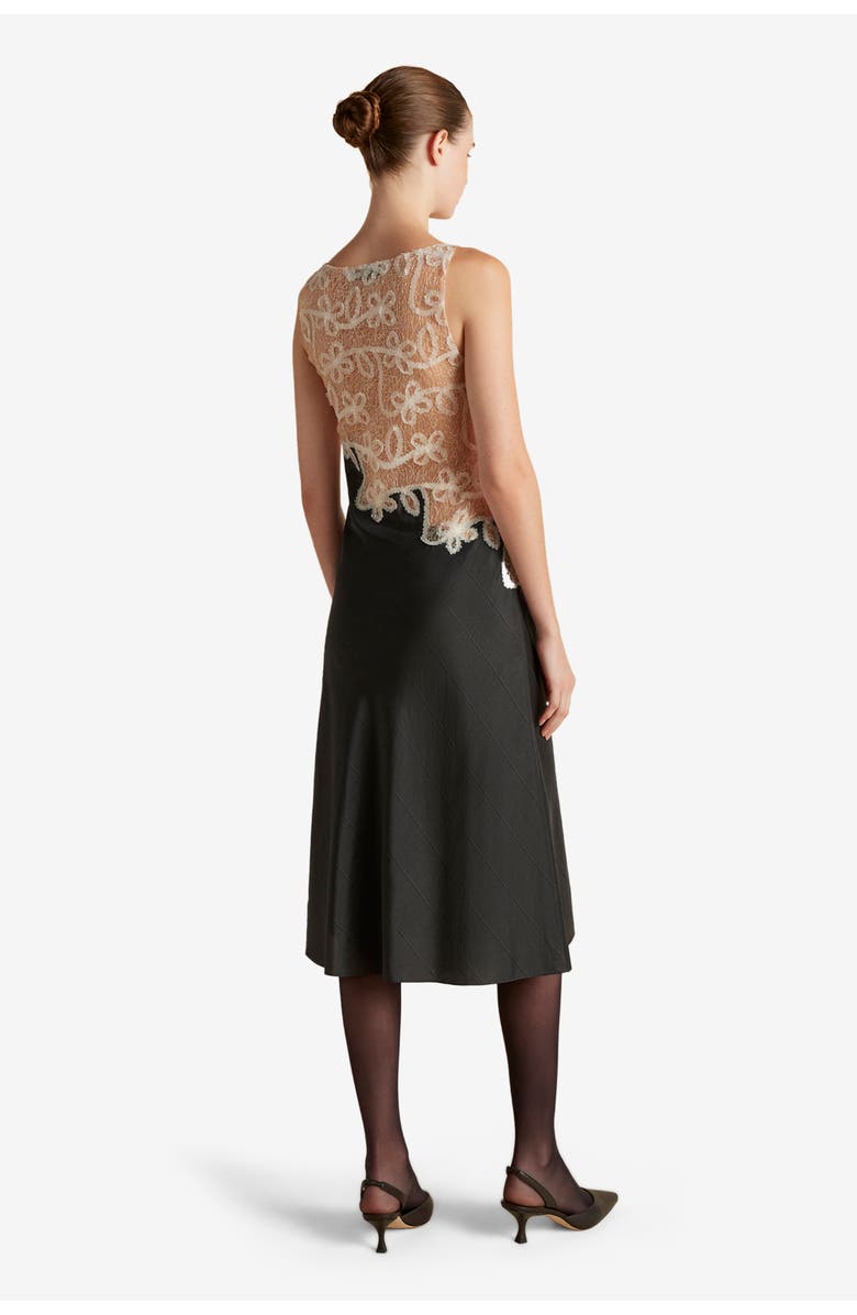 Marina Moscone Pinstripe Dress with Lace Encrustation, Alternate, color, Black Pinstripe