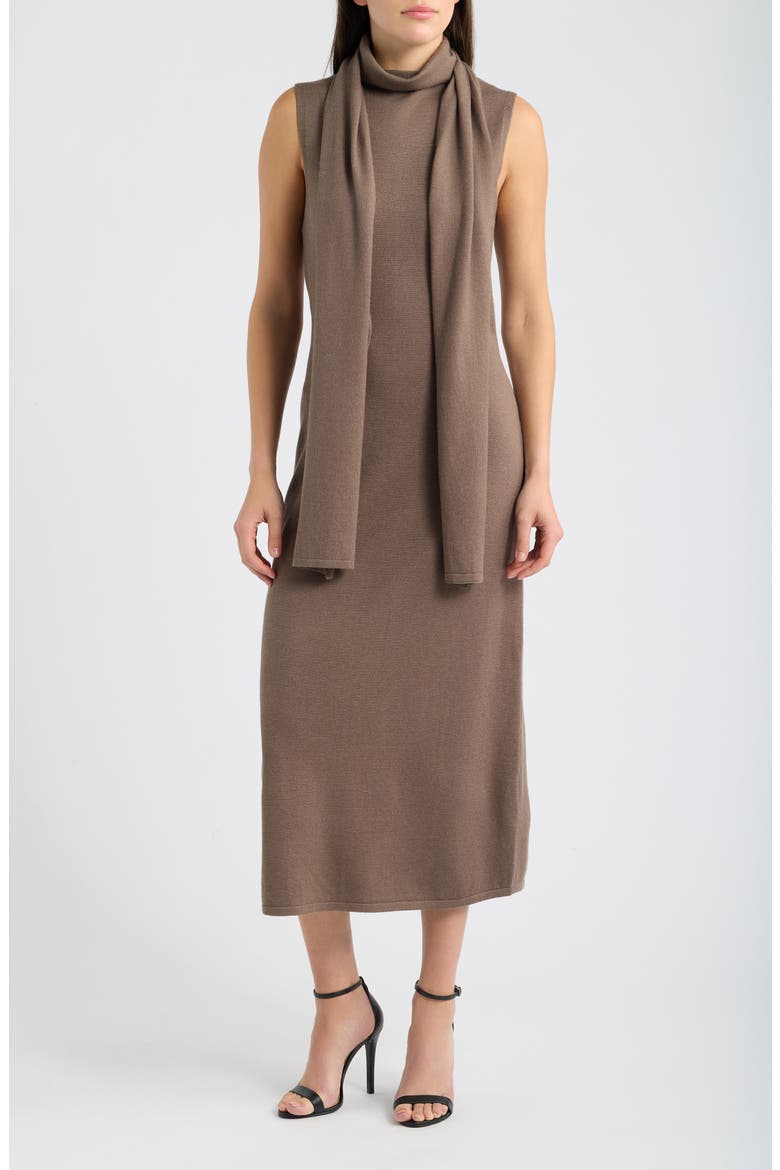 Scarf Neck Sweater Dress, Main, color, BROWN