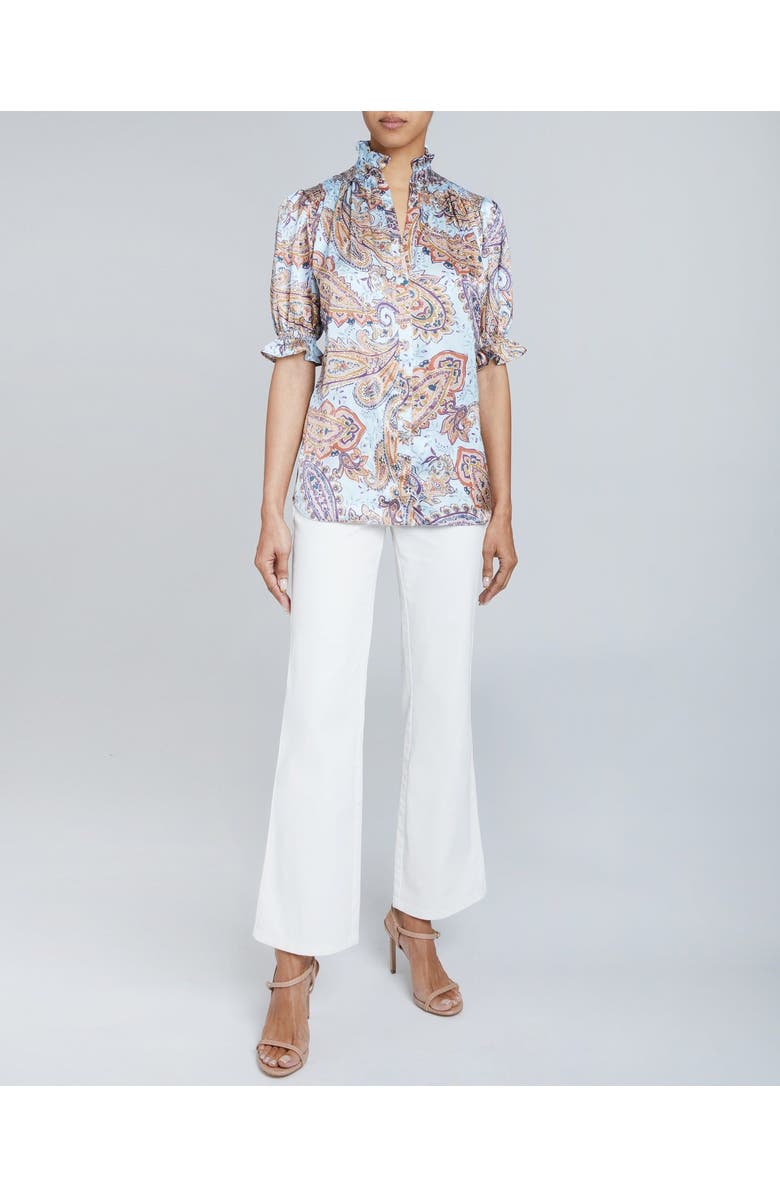 Santorelli ELISA Ruffle Neck Short Sleeve Blouse in Printed Silk Charmeuse, Alternate, color,
