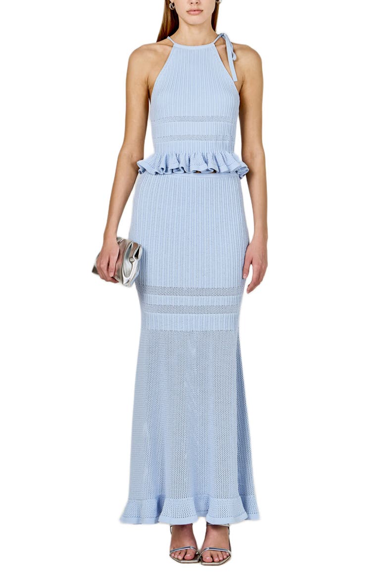 Ruffle Knit Tie Neck Top, Alternate, color, POWDER BLUE