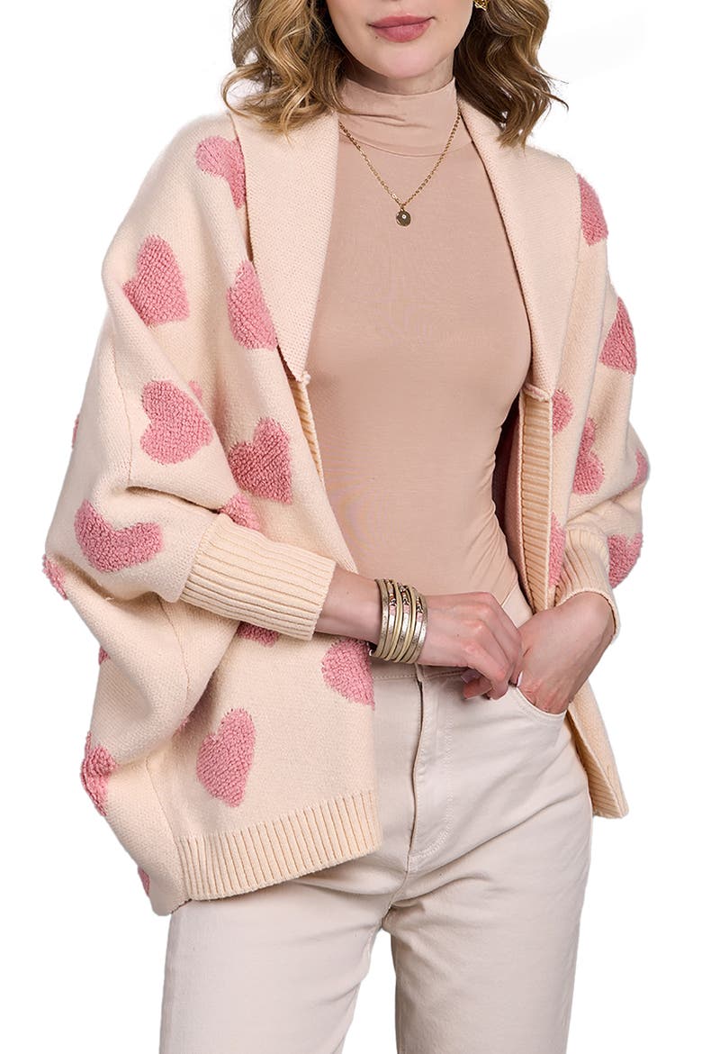 Heart Open Front Cardigan, Main, color, WHITE PINK