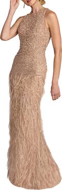Mac Duggal Embellished Lace Sleeveless Feather Gown