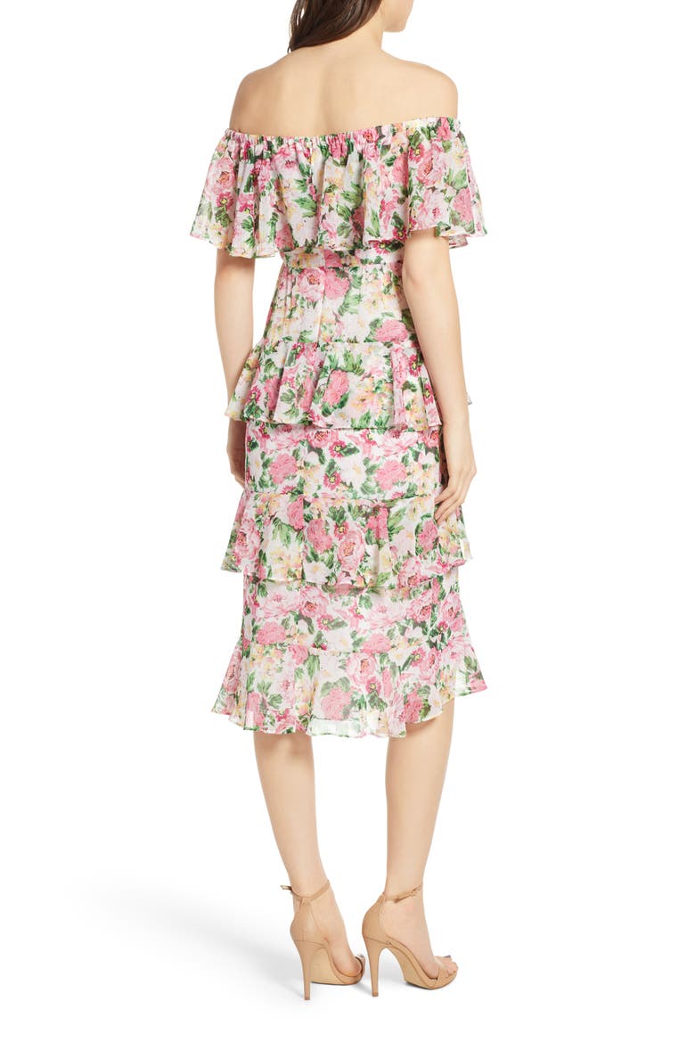 Off the Shoulder Midi Dress, Alternate, color, IVORY PINK ROSE PRINT