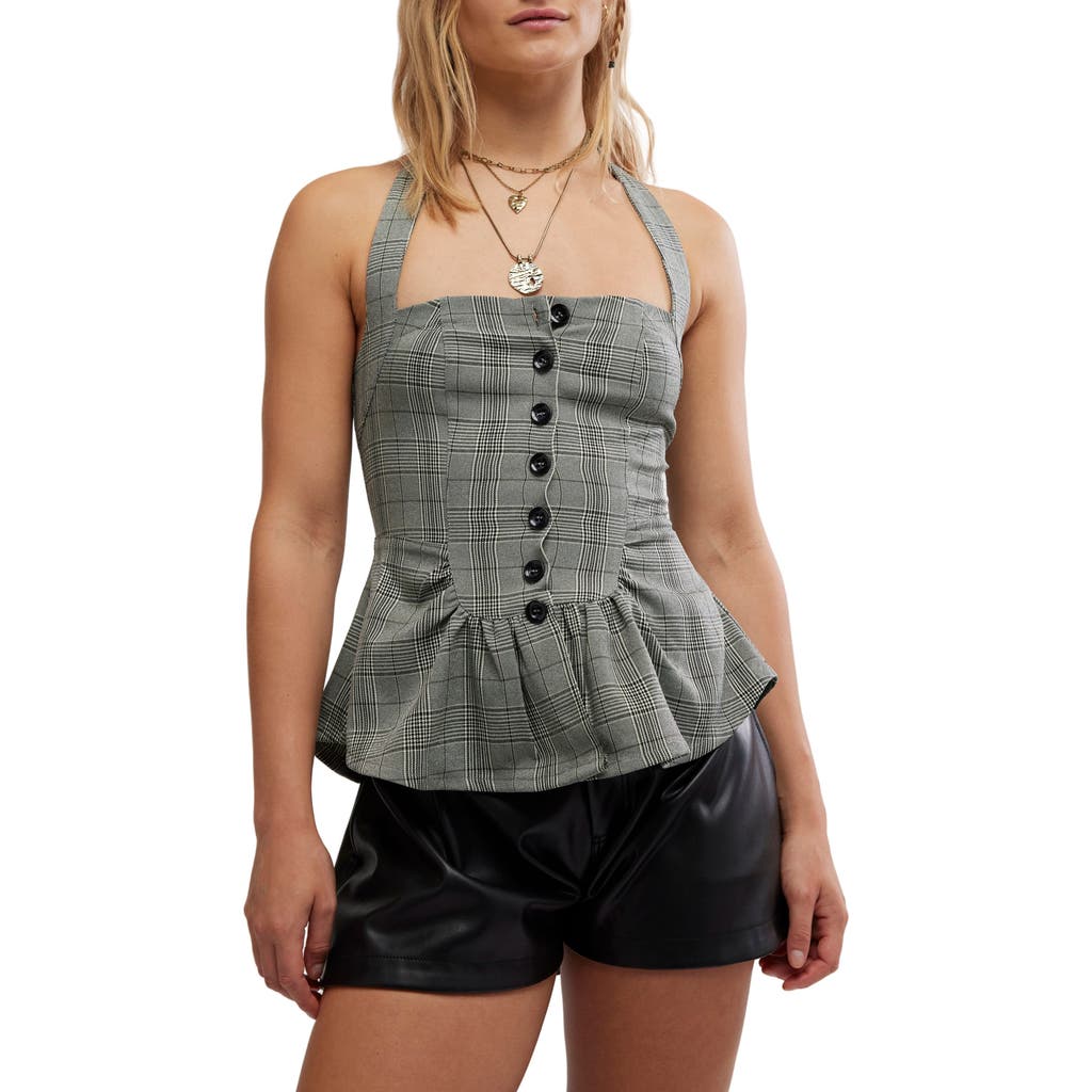 Free People Anastasia Plaid Peplum Halter Top In Grey Combo