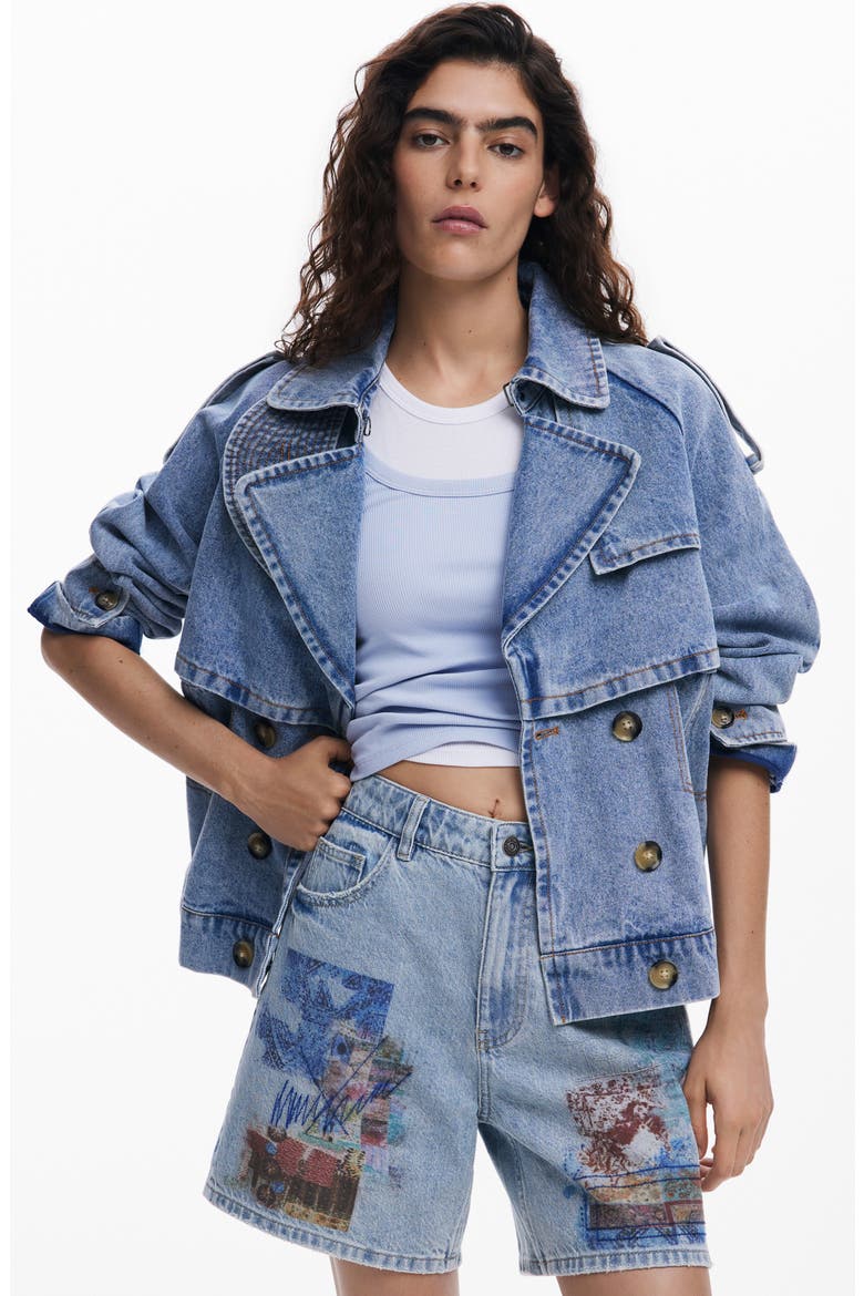 Patchwork Pattern Denim Shorts, Alternate, color, MEDIUM BLUE