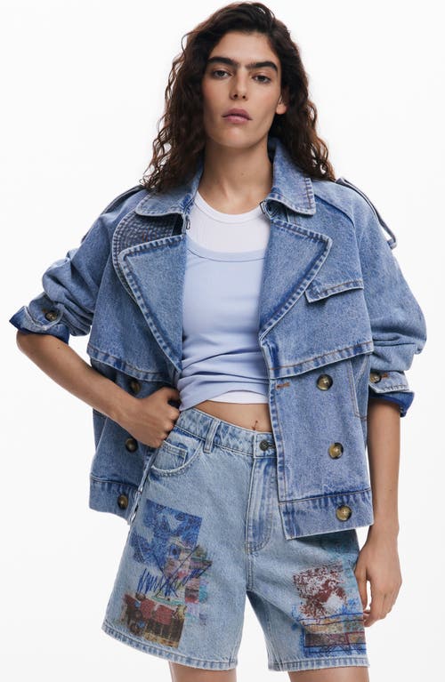 Desigual Patchwork Pattern Denim Shorts In Medium Blue