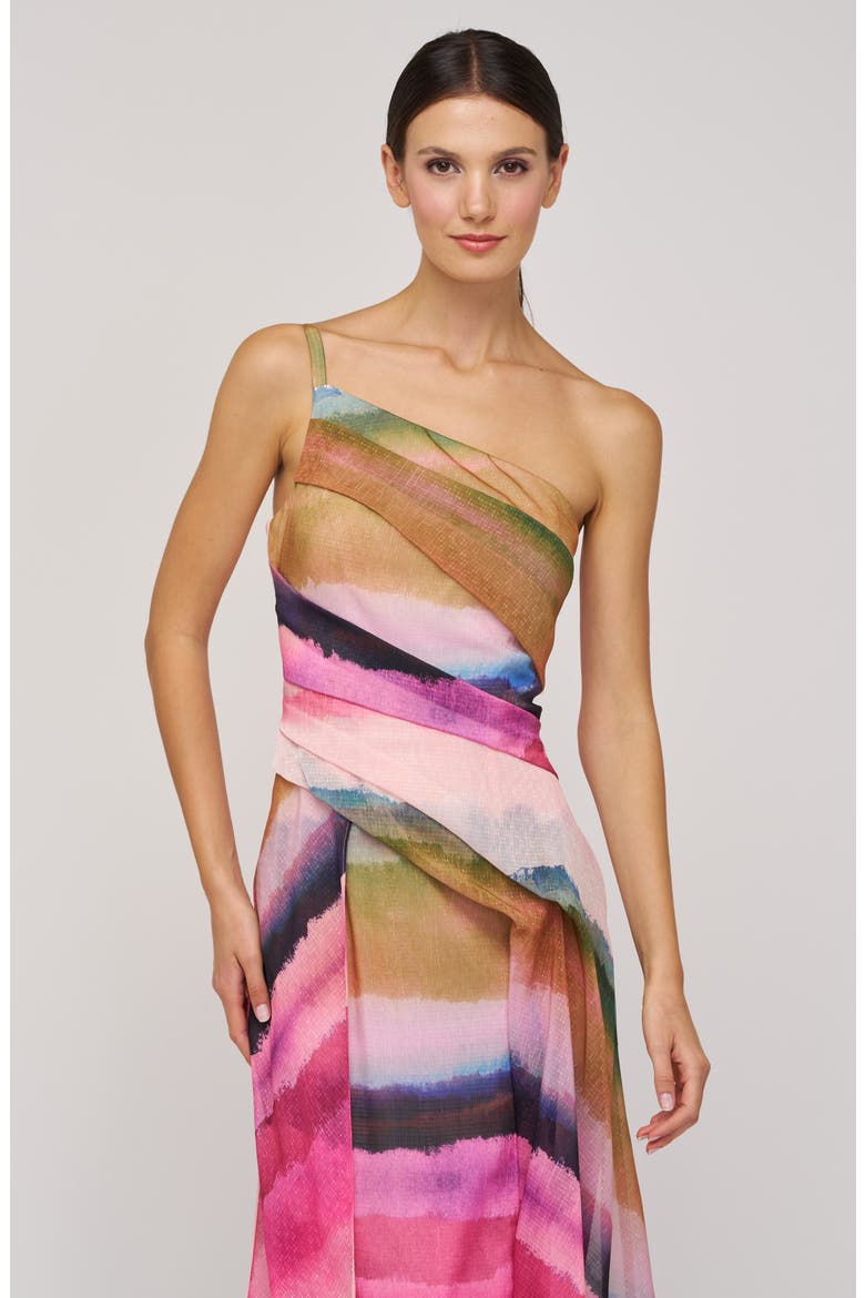 Normani One-Shoulder Printed Organza Gown, Alternate, color, PINK CORAL MULTI
