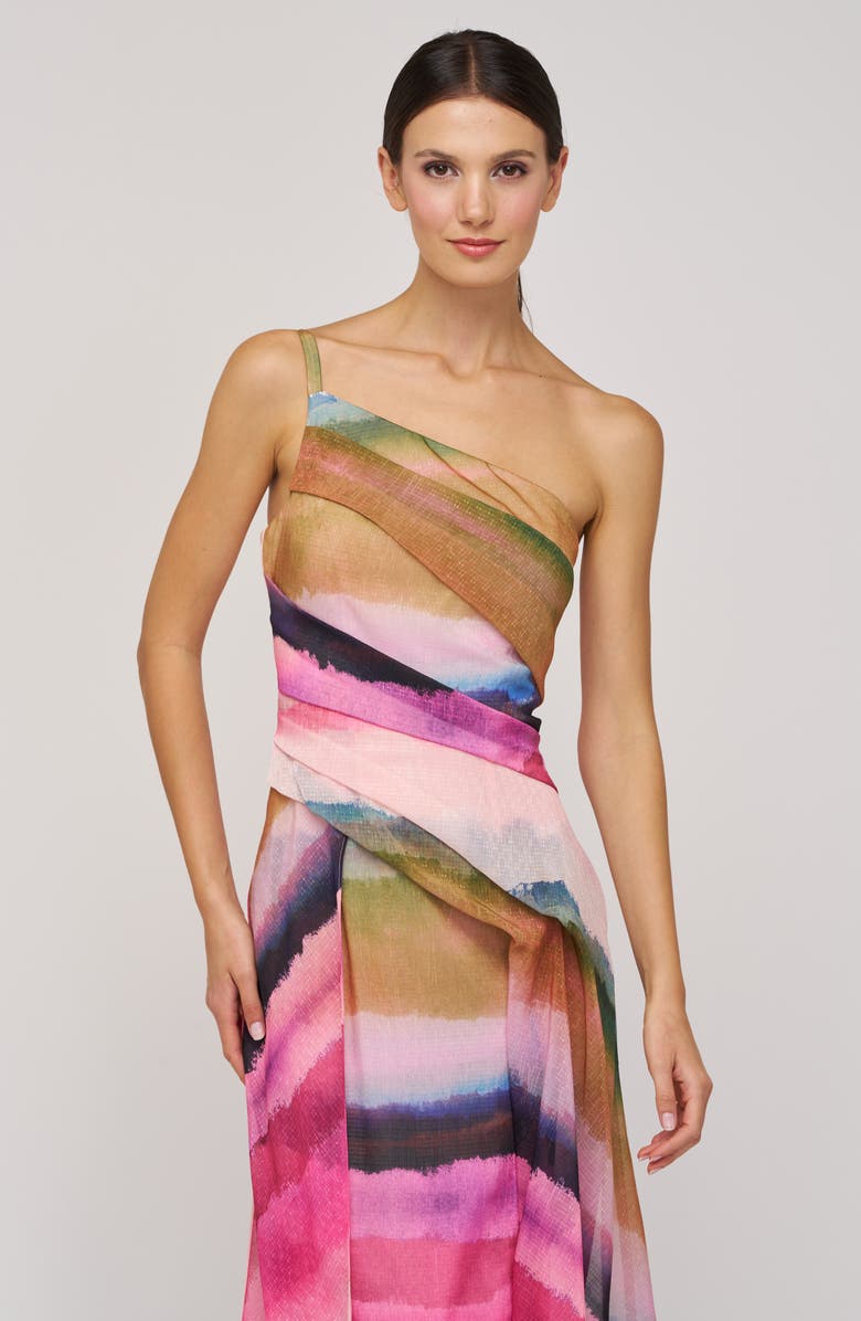 Kay Unger Normani One-Shoulder Printed Organza Gown, Alternate, color, Pink Coral Multi