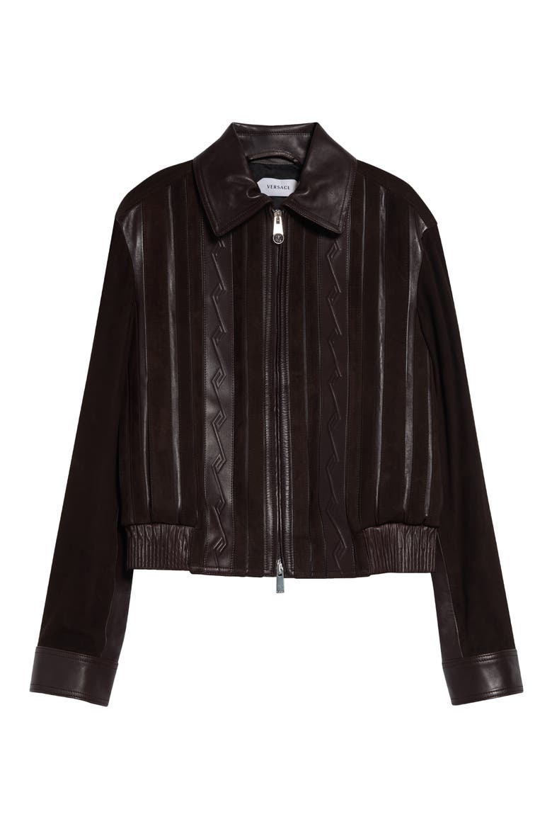 Mixed Media Greca Blouson Jacket, Main, color, BROWN