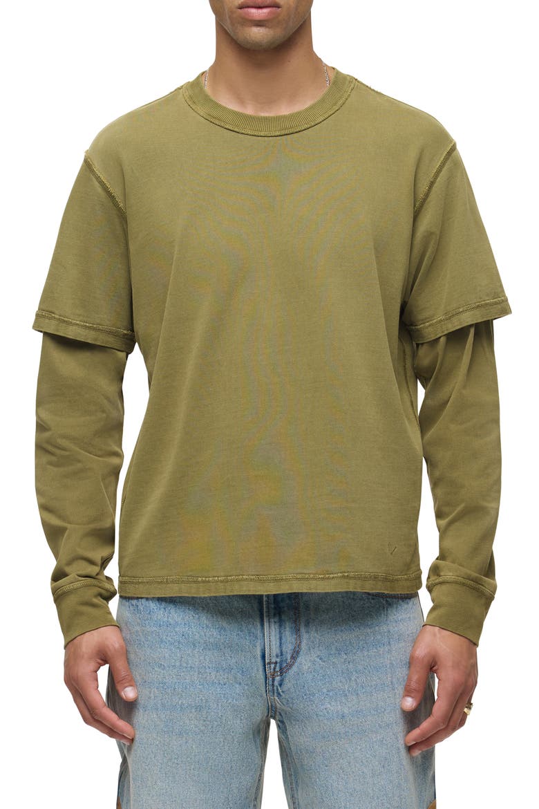Hybrid Layered Long Sleeve Cotton T-Shirt, Main, color, OLIVE
