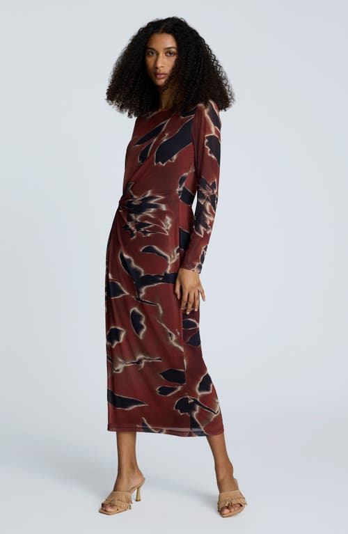 Kenneth Cole Printed Mesh Knot Front Long Sleeve Maxi Dress