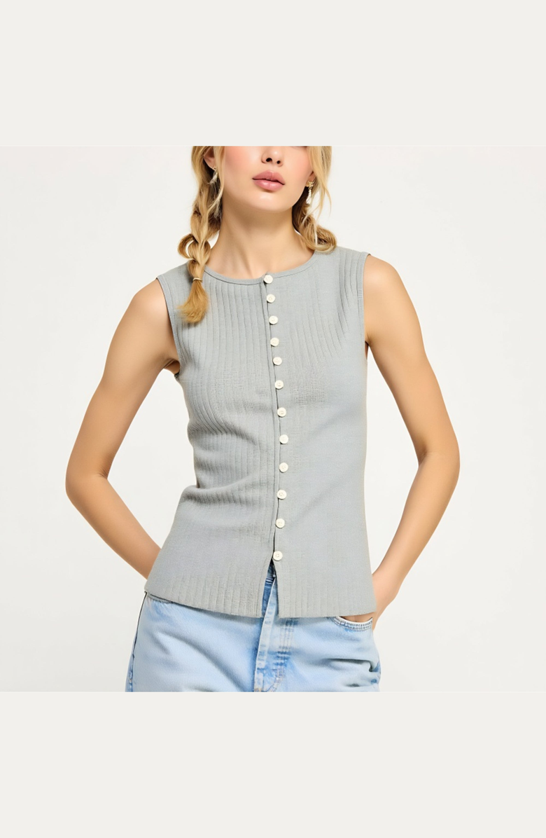 Modenaire Sleeveless Ribbed Knit Top with Off-Center Button Front Detail, Alternate, color, Gray