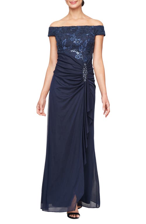 Alex Evenings Sequin Embroidered Lace Gown In Navy