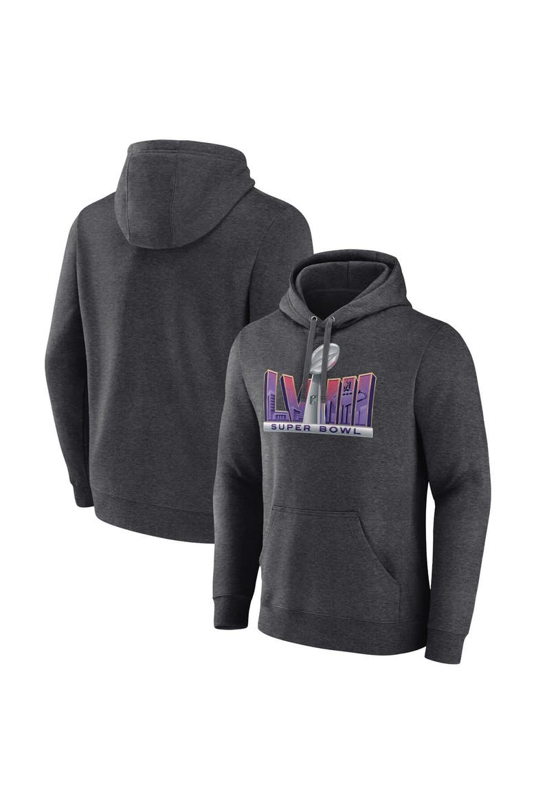 Men's Fanatics Branded Heather Charcoal Super Bowl LVIII Trophy Dimension Fleece Pullover Hoodie, Main, color, Heather Charcoal