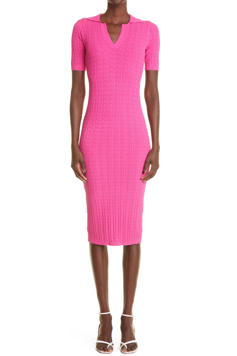 Pointelle Knit Midi Polo Dress, Main, color, FUCHSIA