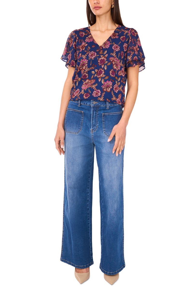 Vince Camuto Floral Ruffle Sleeve Top, Alternate, color, Deep Sky