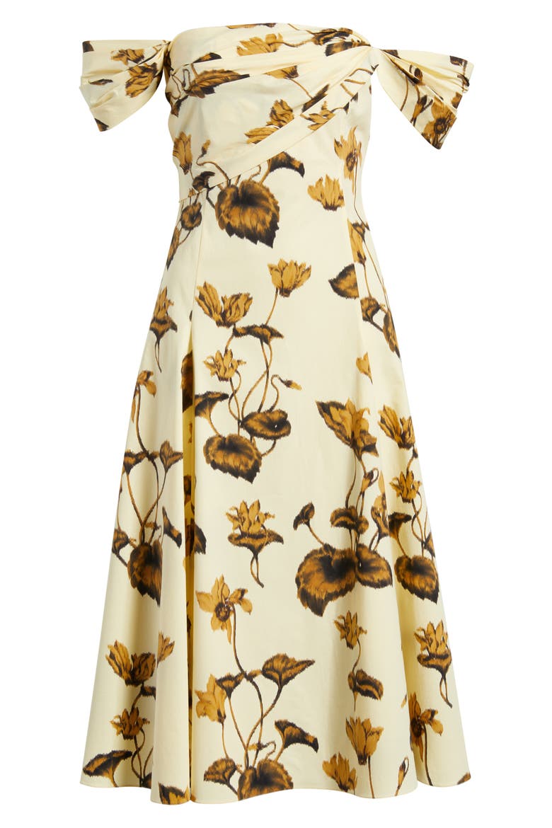 Chiné Cyclamen Stretch Poplin Off the Shoulder Dress, Alternate, color, BROWN/ LIGHT BUTTER