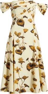 Oscar de la Renta Chiné Cyclamen Stretch Poplin Off the Shoulder Dress