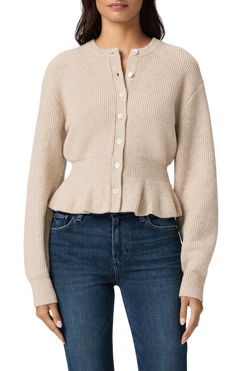 PAIGE Roslin Wool Blend Peplum Cardigan, Main, color, Toffee