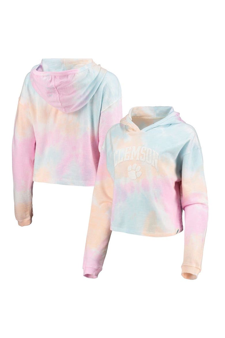 Women's League Collegiate Wear Pink/White Clemson Tigers Tie-Dye Cropped Pullover Hoodie, Main, color, Pink