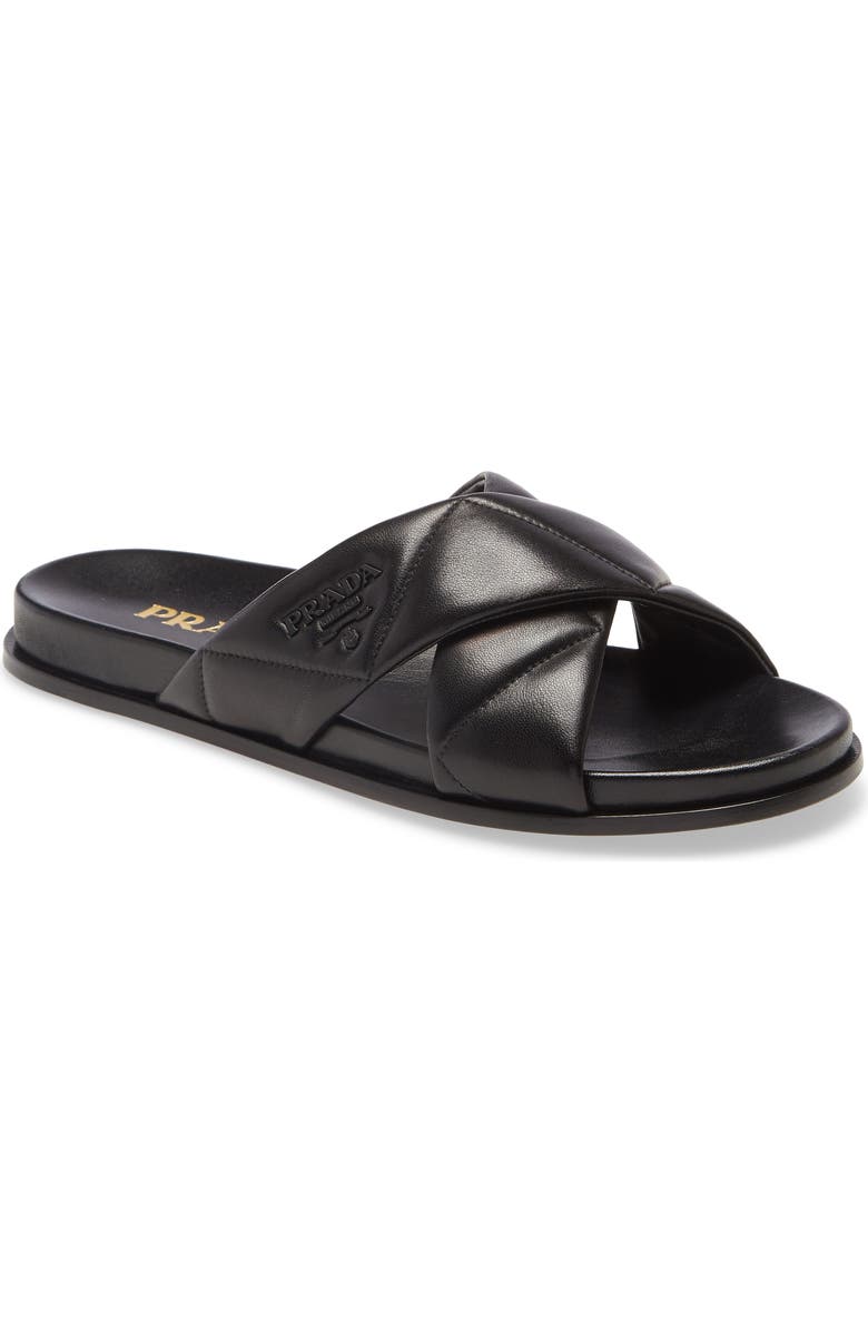 Prada Logo Cross Strap Slide Sandal, Main, color,
