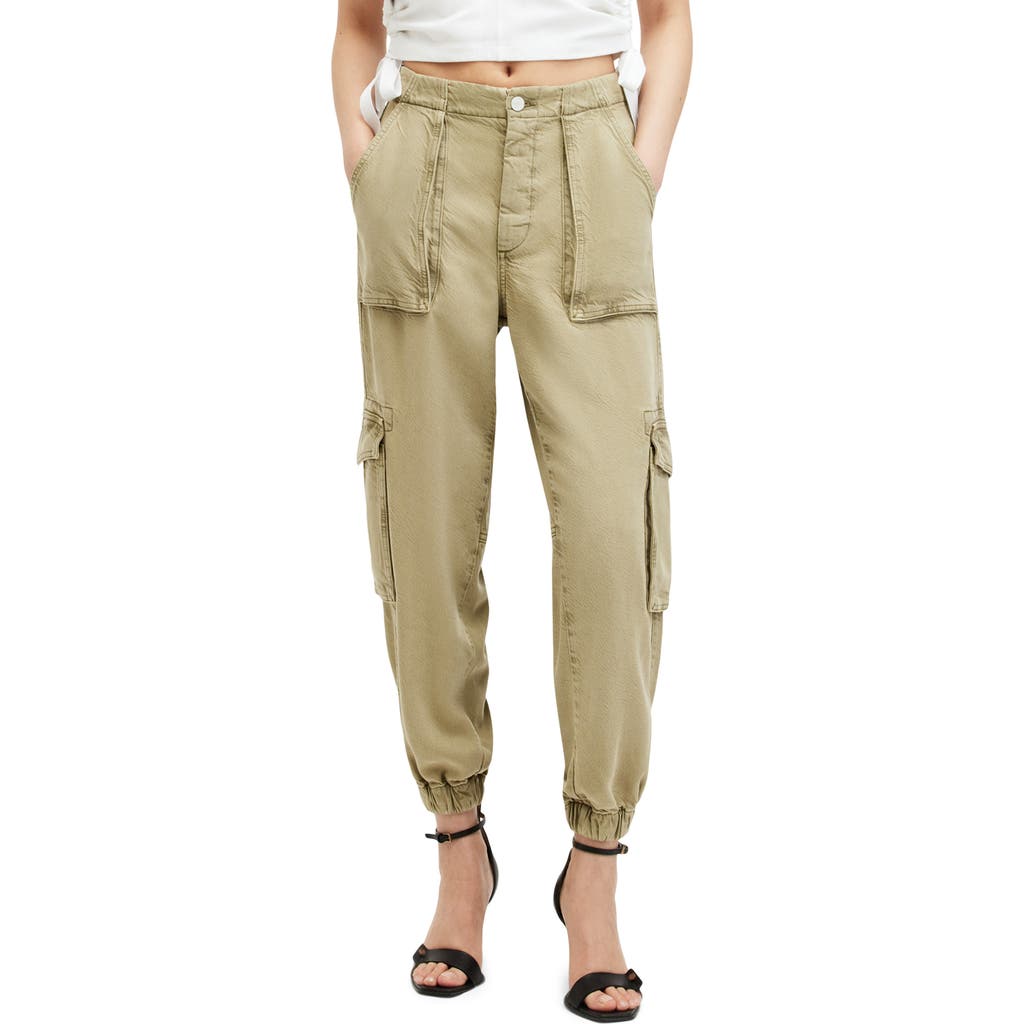Allsaints Frieda Twill Cargo Joggers In Deep Olive Green