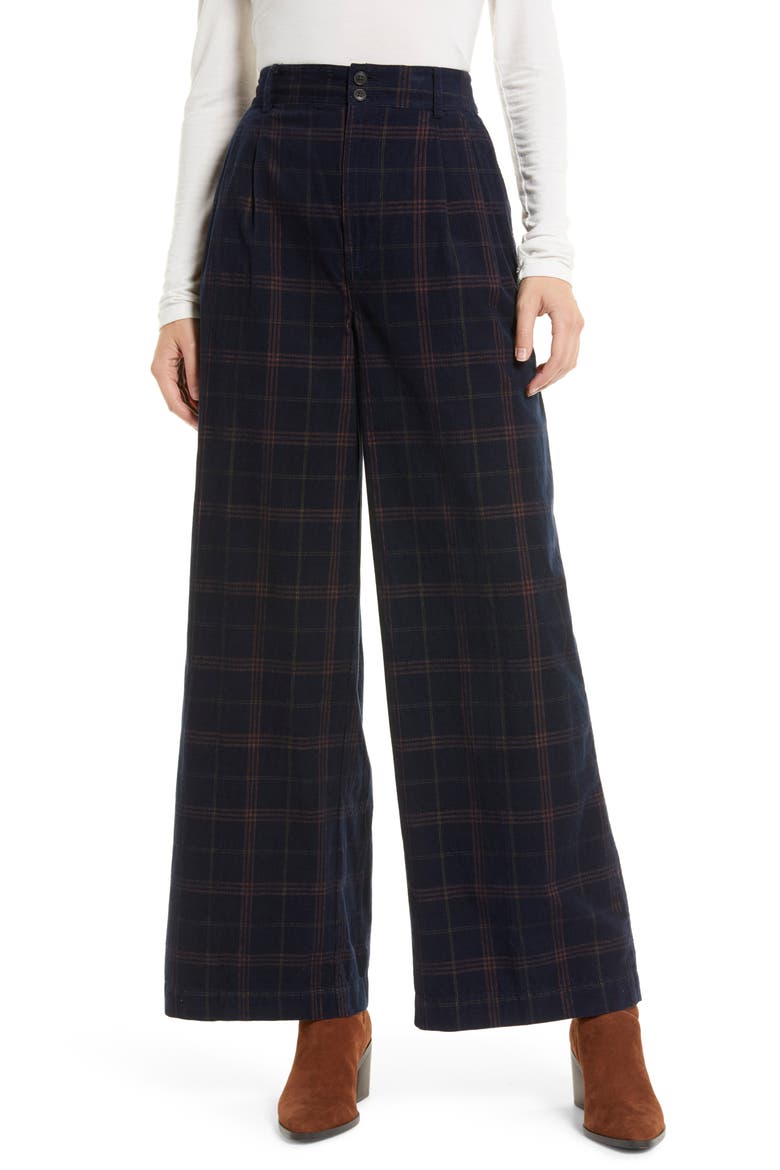 Windowpane Plaid Pleated Corduroy Wide Leg Pants, Main, color, BLUE MULTI PLAID AP
