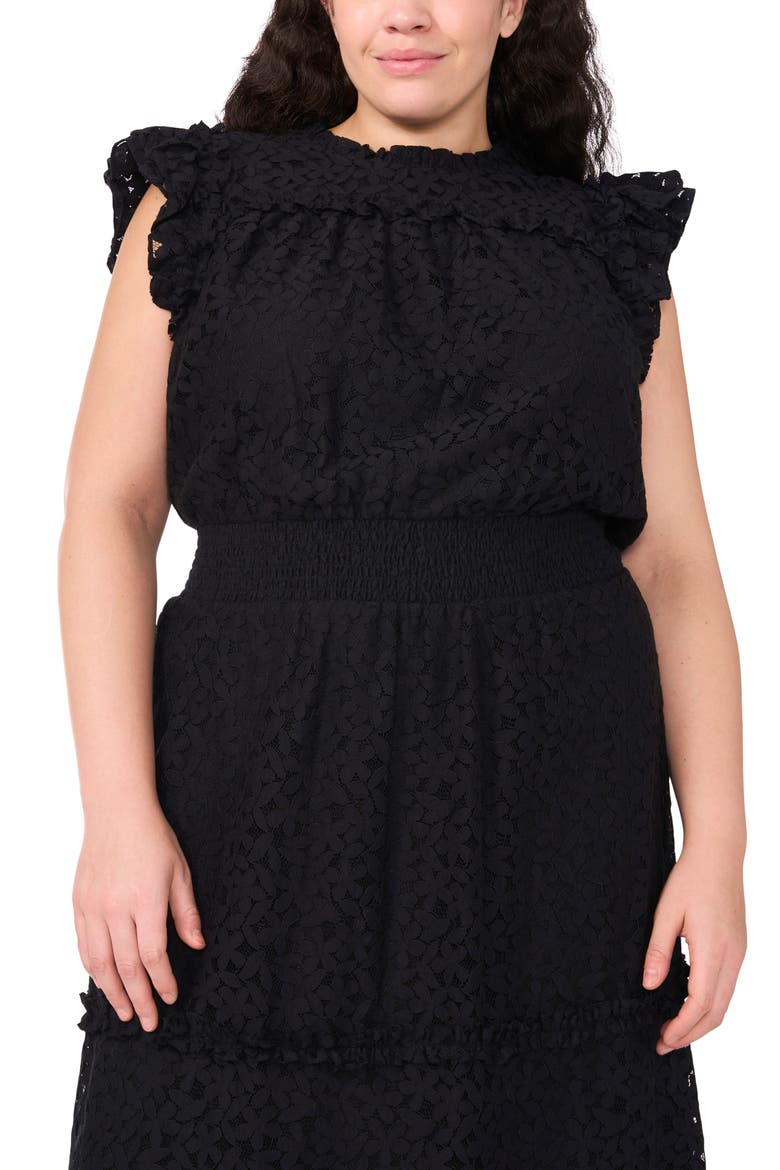 Leaf Lace Smocked Waist Midi Dress, Alternate, color, RICH BLACK