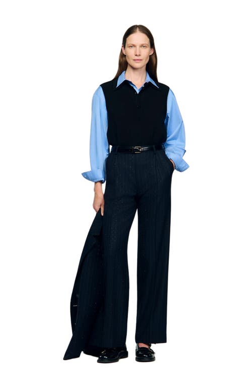 Sandro Rhinestone Striped Trousers In Blue