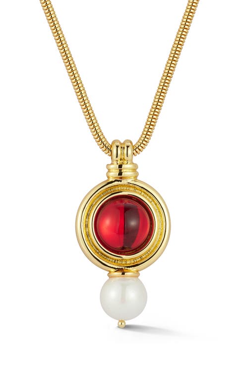 18K Gold Plated Faux Pearl Bejeweled Pendant Necklace