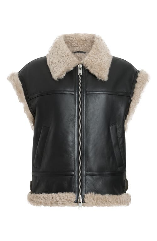 Allsaints Zep Genuine Shearling Moto Vest In Black/ecru