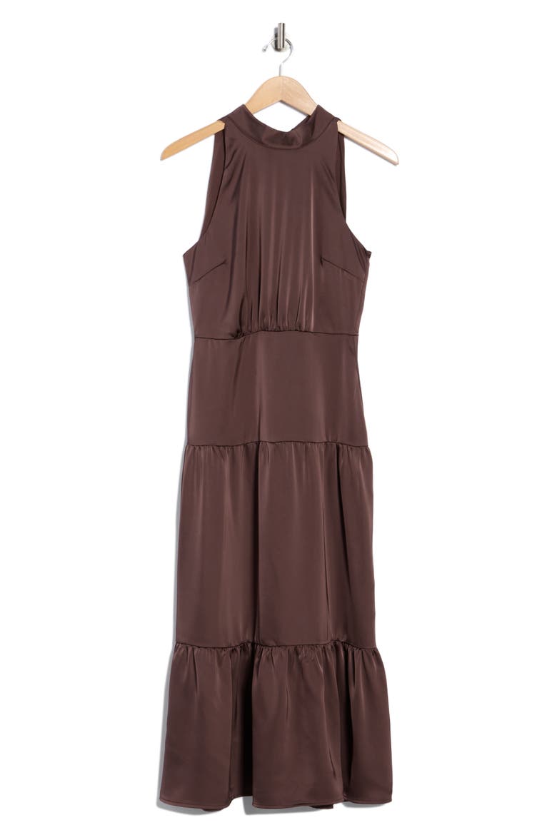 High Neck Fluid Satin Midi Dress, Alternate, color, MOCHA