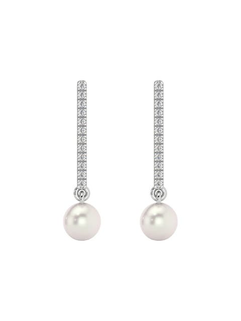 6mm Pearl & Diamond Dangle Earrings Women's 14k Gold Tennis Earrings Lab Grown
