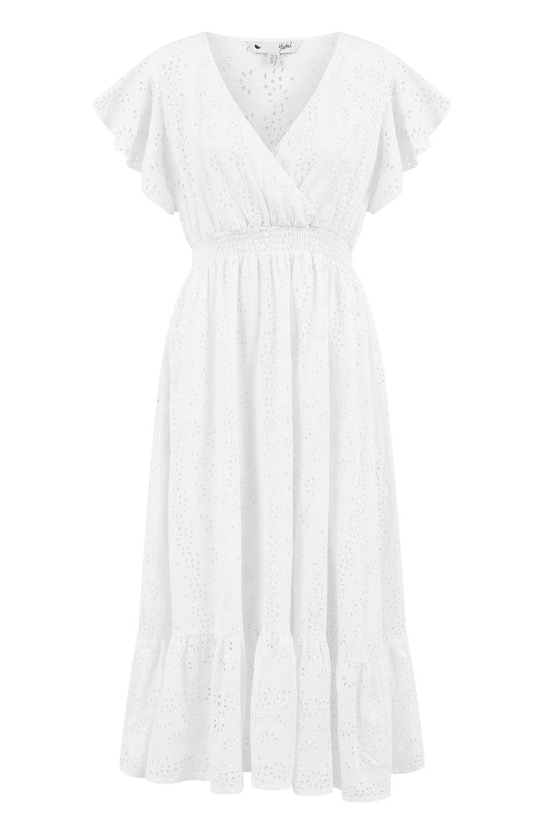 Yumi Cotton Broderie Anglaise Wrap Midi Dress, Alternate, color, White