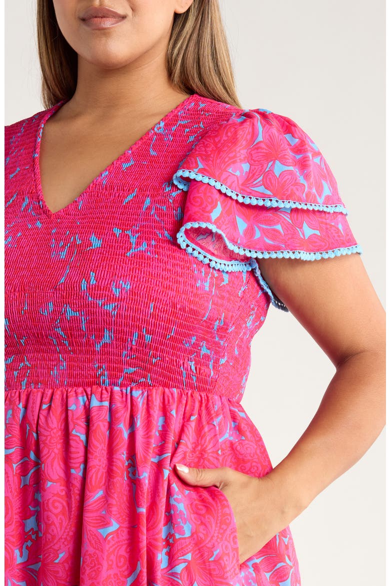 Delina Floral Smock Bodice Cotton Dress, Alternate, color, PINK/ BLUE