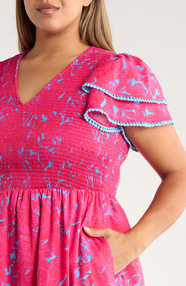 SUGARLIPS Delina Floral Smock Bodice Cotton Dress, Alternate, color, Pink/ Blue