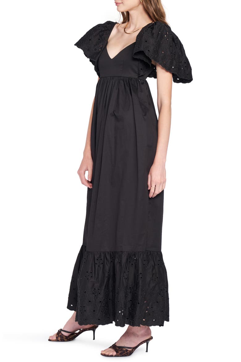 Eyelet Detail Flutter Sleeve Poplin Maxi Dress, Alternate, color, BLACK