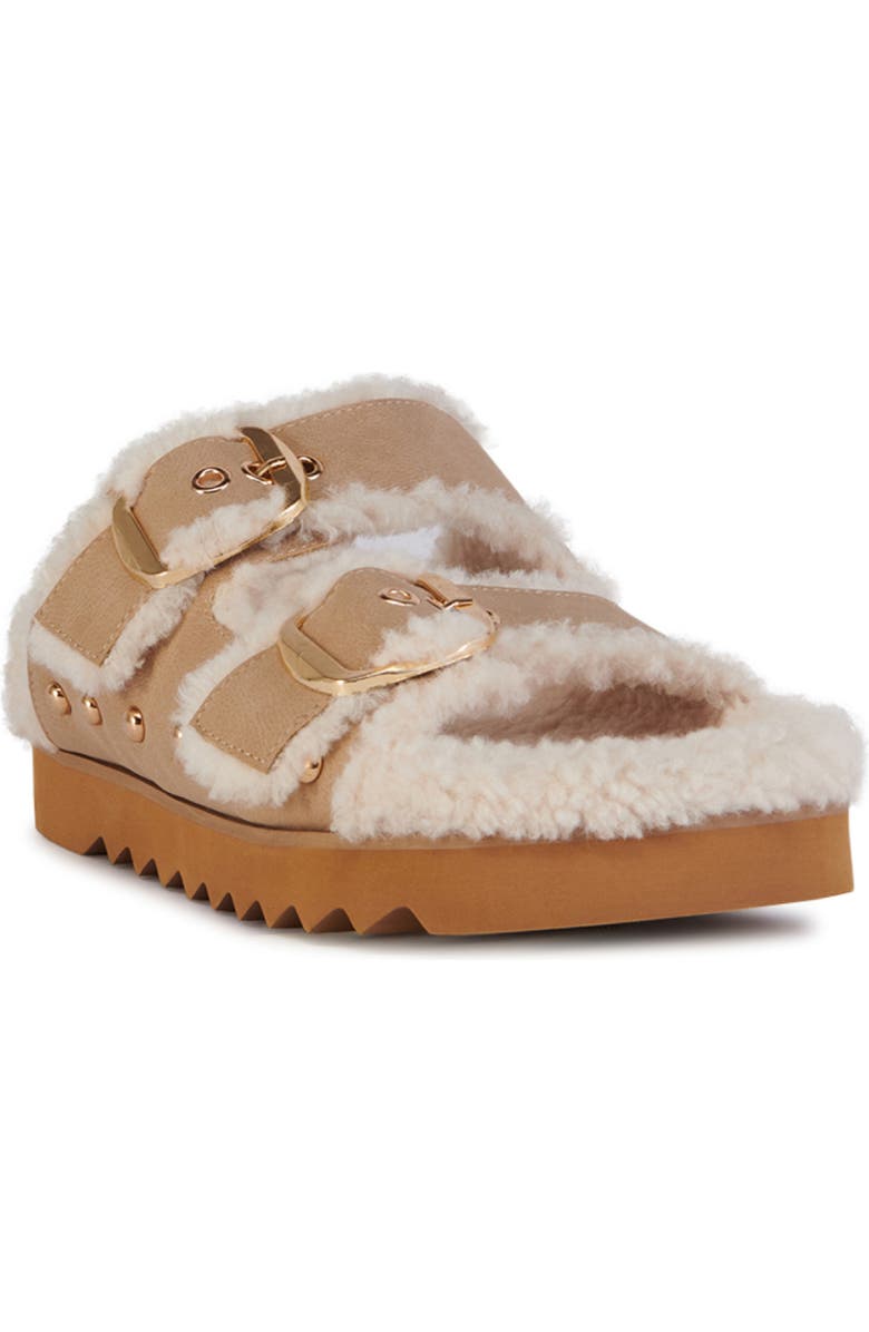 AZALEA WANG Tresor High Pile Fleece Trim Slide Sandal, Main, color, Tan