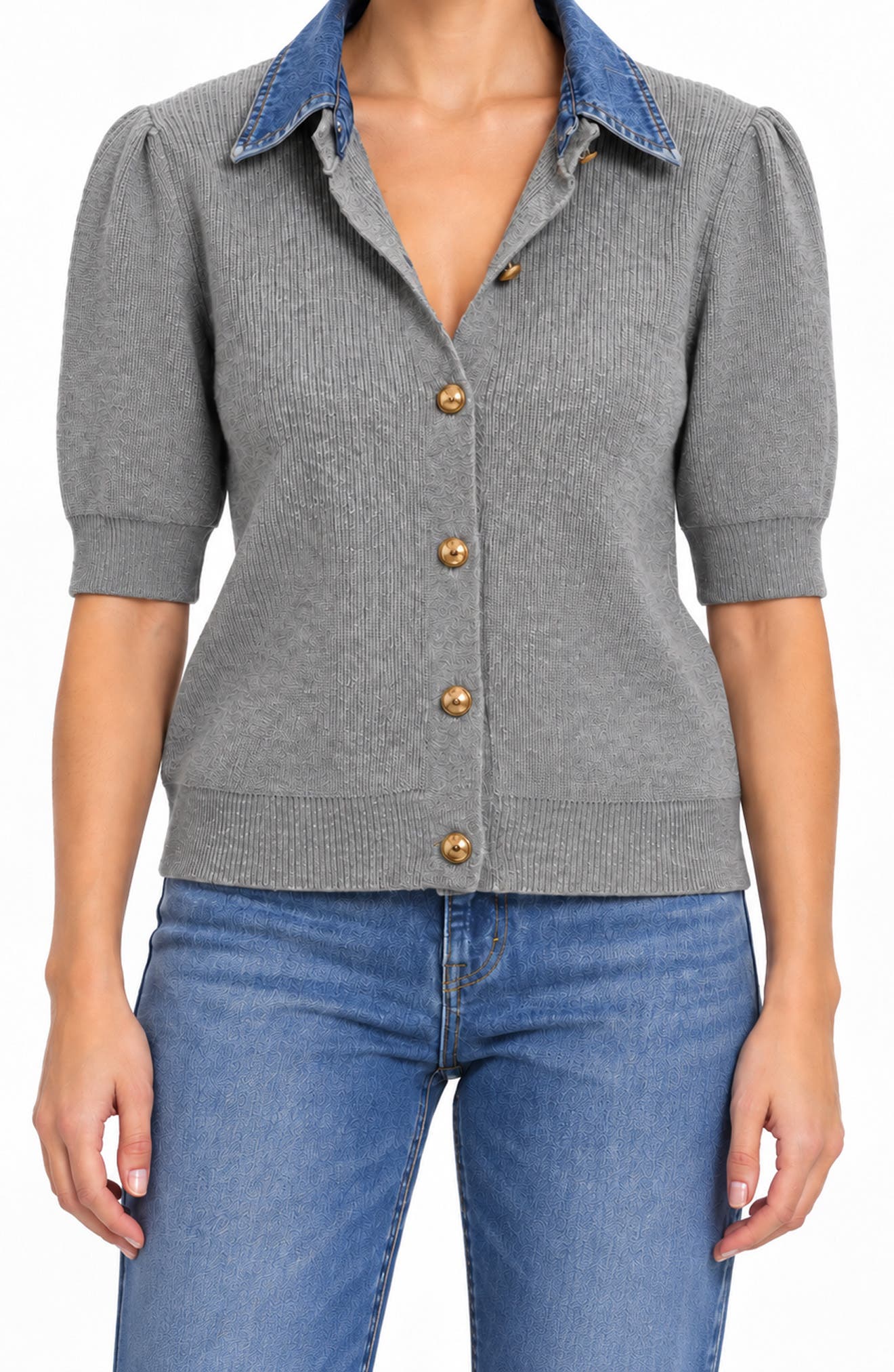 Denim Collar Short Sleeve Cardigan