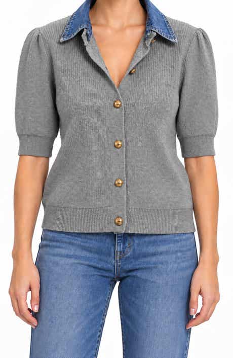 Denim Collar Short Sleeve Cardigan