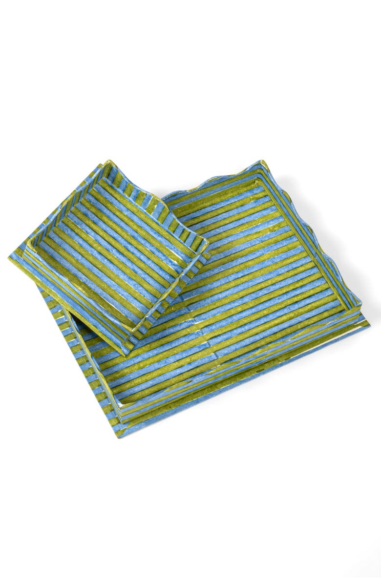 Inner Child Nesting Scalloped Stripe Blockprint Tray, Main, color, Green Blue - Small
