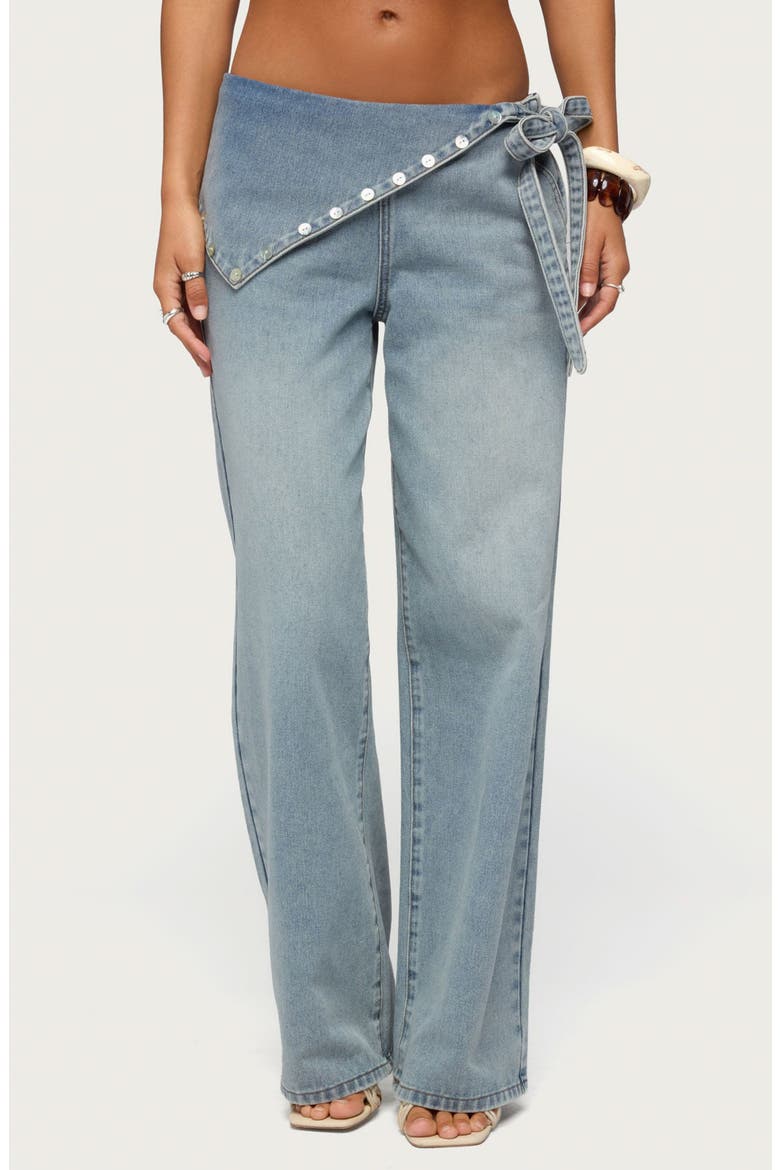 Stud Foldover Wide Leg Jeans, Main, color, LIGHT-BLUE
