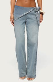 EDIKTED Stud Foldover Wide Leg Jeans