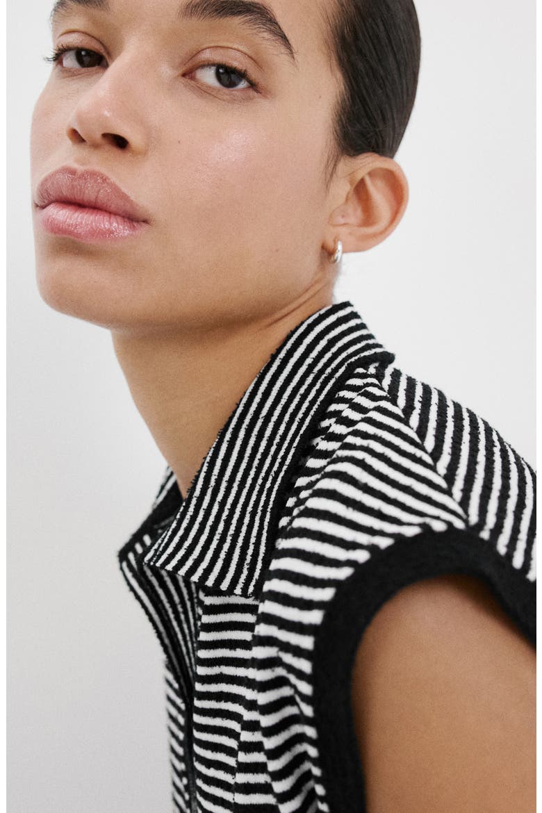 Stripe Cap Sleeve Crop Sweater Polo, Alternate, color, BLACK