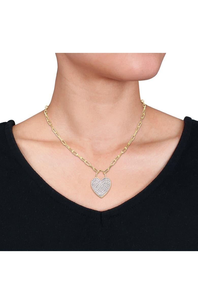 DELMAR Goldtone Plate Sterling Silver Pavè Created White Sapphire Heart Pendant Necklace, Alternate, color,