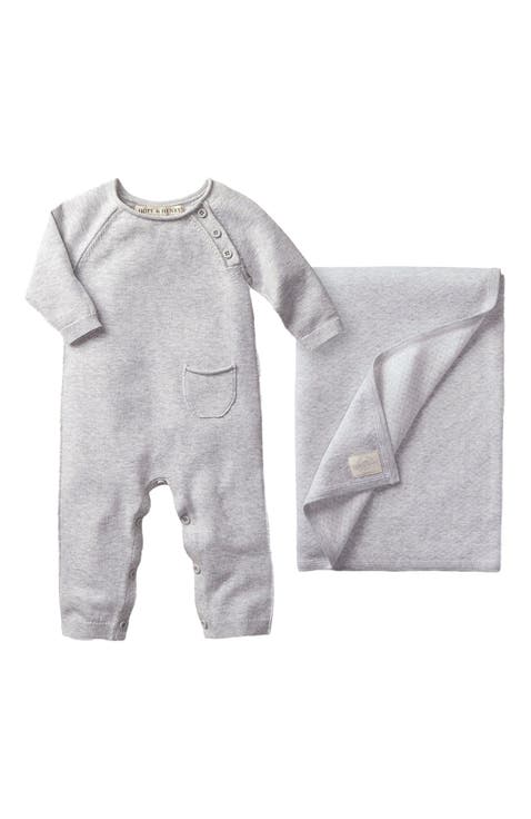 Baby Raglan Knit Romper & Jacquard Blanket Gift Set