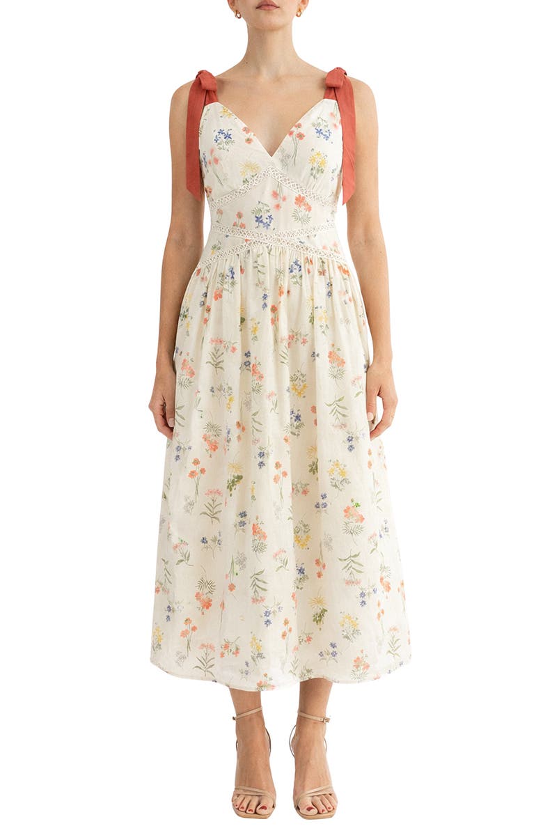Arose Studio Selah Tie Strap Midi Dress, Main, color, Multi Floral