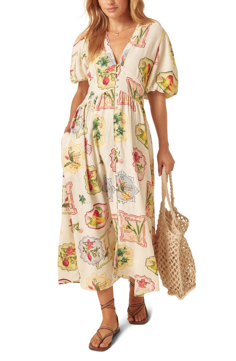 Nobody's Child Starlight Printed Puff Sleeve Linen Blend Midi Dress, Alternate, color, Ivory Multi