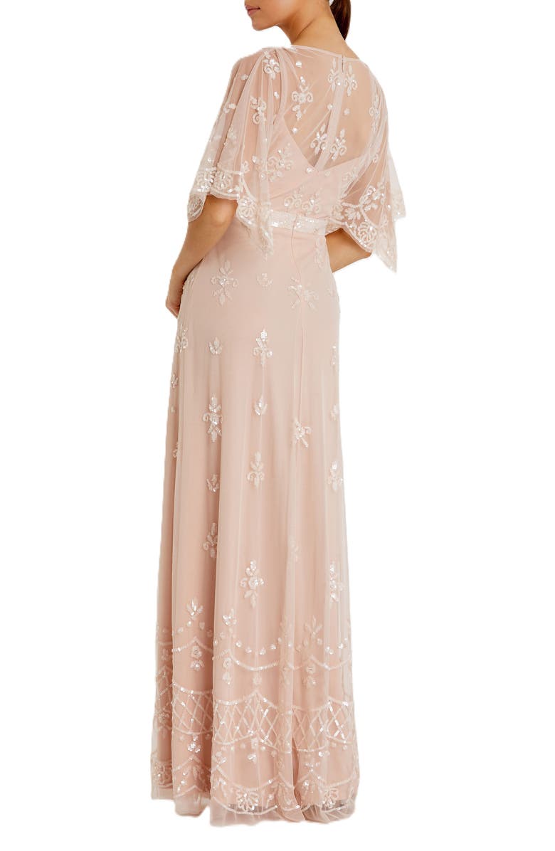 Mac Duggal V Neck Flutter Sleeve Embellished Mesh Gown, Alternate, color, Blush